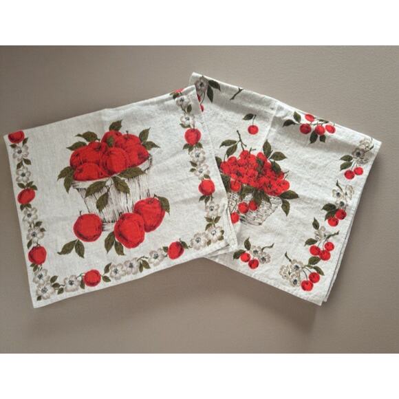 Vintage MCM Parisian Prints Linen Tea Kitchen Towels Apples Cherries Kitchen - Picture 1 of 9